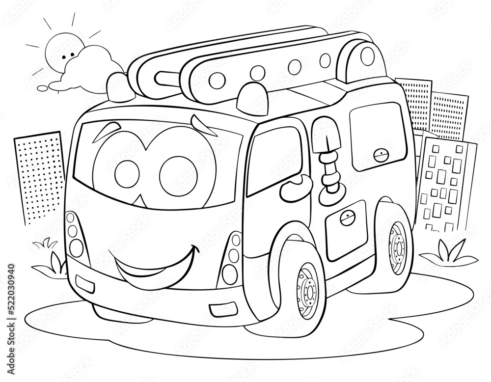 Cartoon fire truck for coloring page. Stock Vector | Adobe Stock