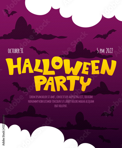 Halloween party Invitation Card. Flyer or greeting poster with dark background, bats and clouds. Vector cartoon illustration