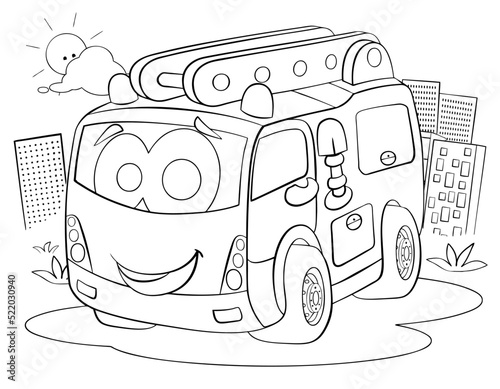 Cartoon fire truck for coloring page.	