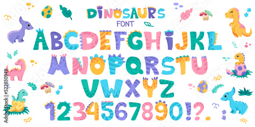 Cute Dino font with alphabet letters, dinosaurs, signs and numbers. Character collection in hand drawn cartoon style for your design, nursery or kindergarten banners and posters. Vector illustration