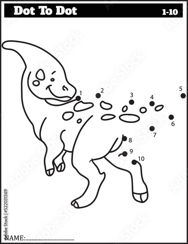 Funny cartoon dinosaur. Dot to dot game for kids, Numbers Worksheet.
