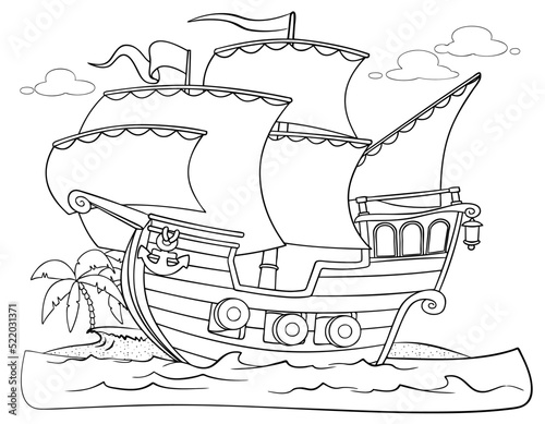 Cartoon pirate ship for coloring page.	