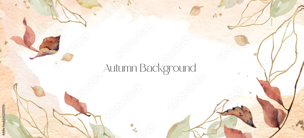 Fototapeta premium Watercolor vector autumn background of leaves and golden branches isolated on white.