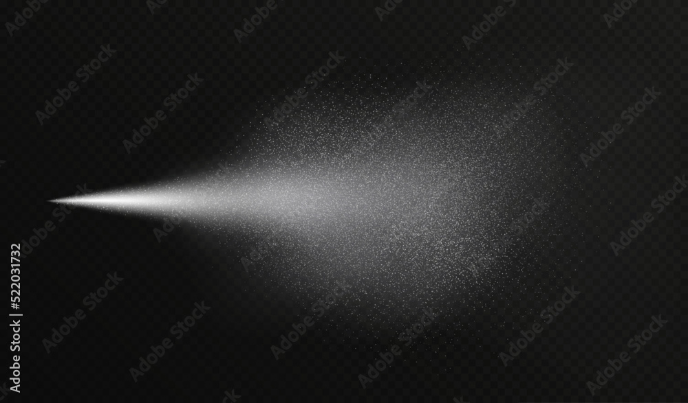 Water spray effect, realistic cosmetic mist, transparent atomizer splash. White fragrance aerosol texture, abstract cosmetic haze isolated on black. Vector illustration.