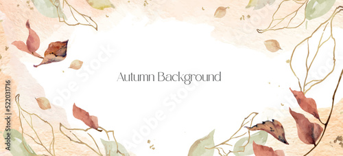 Watercolor vector autumn background of leaves and golden branches isolated on white.