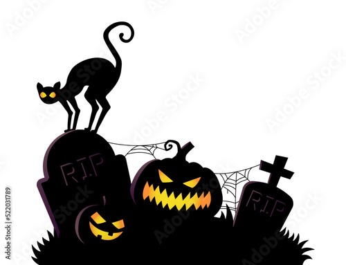 Midnight graveyard silhouette with pumpkin and cat. Spooky Halloween illustration.