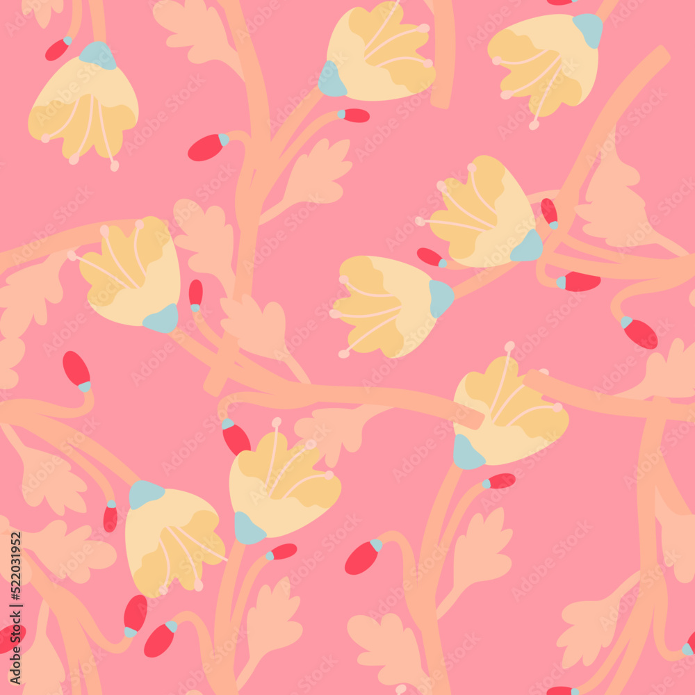 Fototapeta premium Vintage botanical flower seamless pattern. Naive art. Strange floral wallpaper.