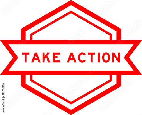 Vintage red color hexagon label banner with word take action on white background