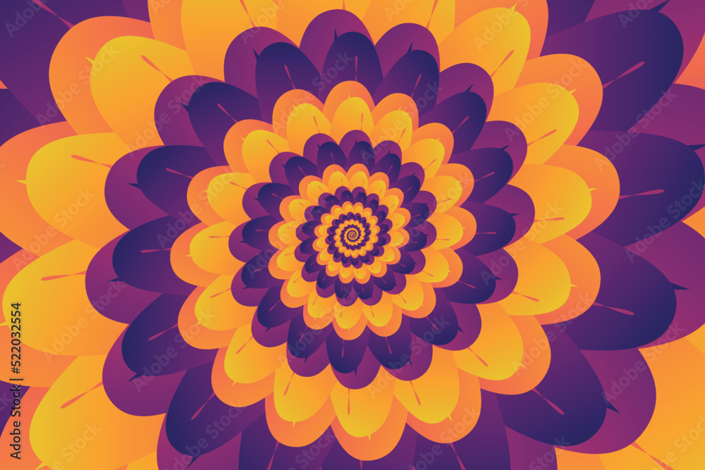 Beautiful abstract illustration of unusual flower with yellow, pink, purple gradient petals. Template for cover, flyer or banner. Geometric spiral pattern. Vector esp 10