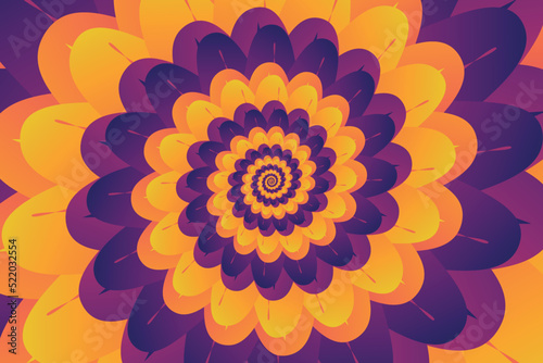Beautiful abstract illustration of unusual flower with yellow, pink, purple gradient petals. Template for cover, flyer or banner. Geometric spiral pattern. Vector esp 10