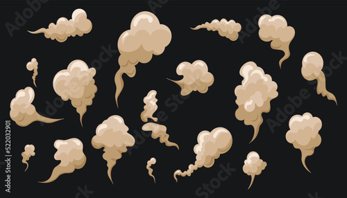 Cartoon smoke and dust clouds set. Dusty particles isolated. Dry sand flying. Vector illustration