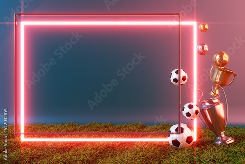 football ball object in the abstract background. light neon shape digital concept. ball symbol graphic sports. 3d illustrator. trophy cup element. space night glitter effect. copy space frame line. © Rachakrit