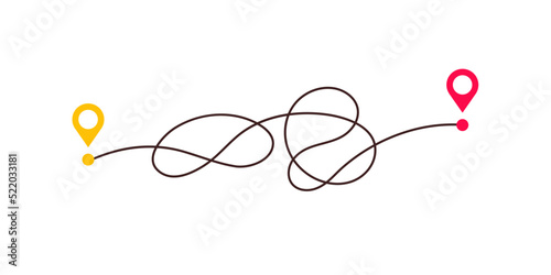 Difficult way, chaos path from point A to B. Complex chaos simplifying concept. Easy simple way. Vector illustration