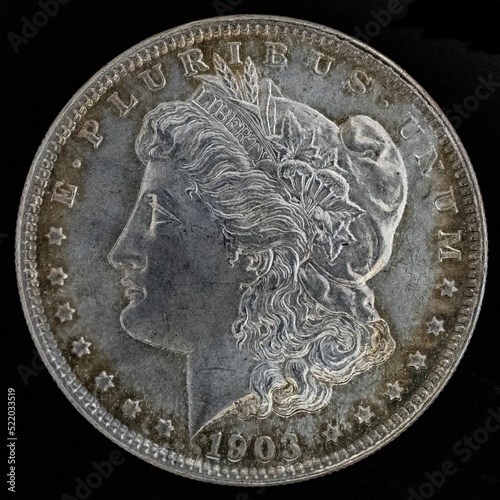 Closeup shot of United States 1903 Morgan silver dollar