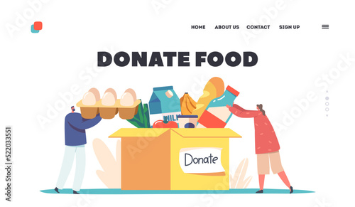Donate Food Landing Page Template. Support Social Care, Volunteering and Charity. Tiny Characters Filling Donation Box