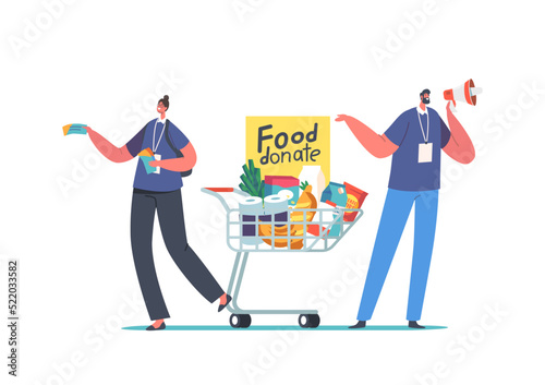 Volunteer Characters Collect Foodstuffs for Donation Box. Man and Woman with Food in Shopping Trolley Helpto Poor People