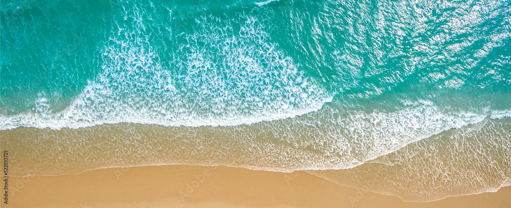 Top view aerial image from drone of an stunning beautiful sea landscape beach with turquoise water with copy space for your text.Beautiful Sand beach with turquoise water,aerial UAV drone shot