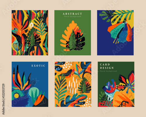 Set of six vector pre-made cards in modern abstract style with nature motifs, flowers, leaves and hand drawn texture.