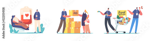 Set of Volunteers, Humanitarian Aid and Help to Poor People Concept. Characters Donate Food, Aid and Blood