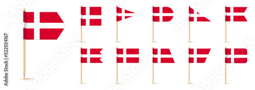 Denmark toothpick flag isolated on wood stick with white paper. Realistic little tooth pick for lunch. Vector cocktail decoration