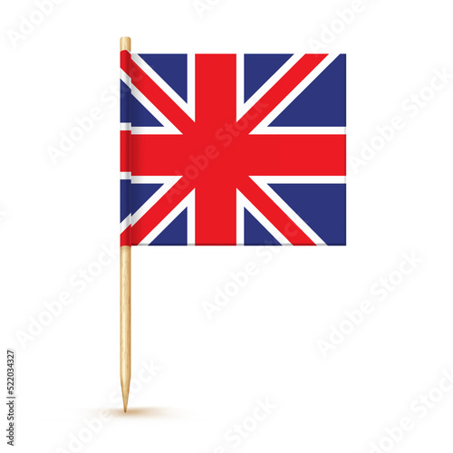 United kindom toothpick flag isolated on wood stick with white paper. Great Britain Realistic little tooth pick for lunch. Vector cocktail decoration