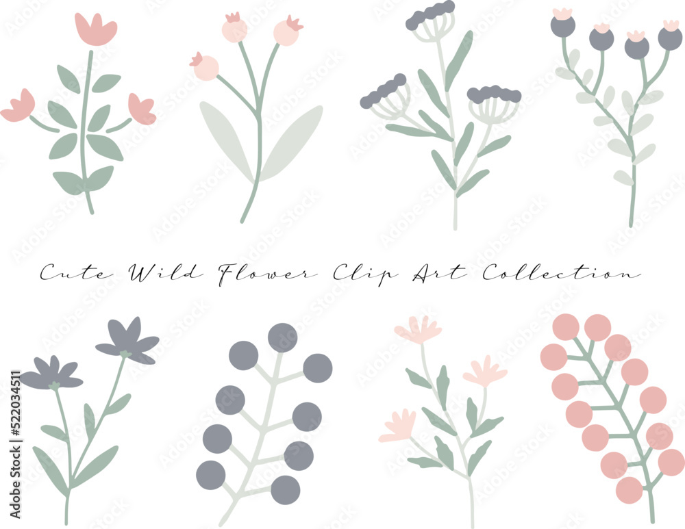set of cute bloomy wild flowers and leaves clip art set of cute bloomy wild flowers and leaves clip art