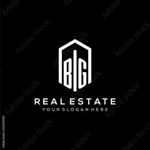 Letter BG logo for real estate with hexagon icon design