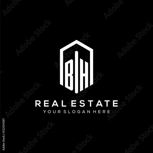 Letter BH logo for real estate with hexagon icon design photo