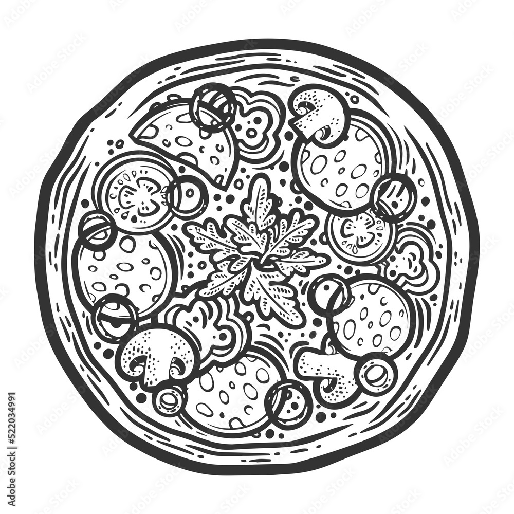 Pizza with pepperoni sausage sketch engraving raster illustration. Scratch board imitation. Black and white hand drawn image. Pizza with pepperoni sausage sketch engraving raster illustration. Scratch board imitation. Black and white hand drawn image.