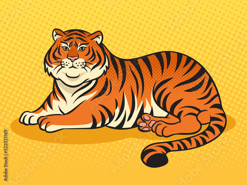 fat tiger overweight body positive pop art retro raster illustration. Comic book style imitation.