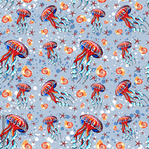 Jellyfishes, seashells and starfishes. Seamless pattern of ocean and sea wild animals. Digital illustration. Underwater life stilized background. Template for wrapping, fabric, covers and wallpaper photo