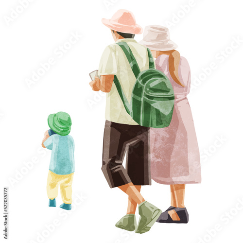 „ÅäÂá∫„Åã„Åë‰∏≠„ÅÆË¶™Â≠ê3‰∫∫Âæå„ÇçÂßøÊâãÊèè„ÅçÊ∞¥ÂΩ©È¢®„Ç§„É©„Çπ„Éà