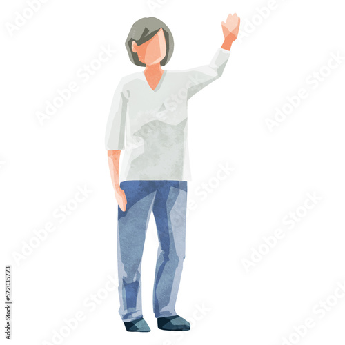 手を振る女性の手描き水彩風イラスト