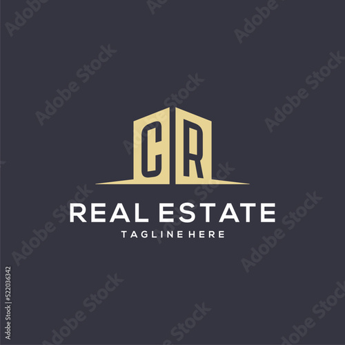 Monogram CR logo for construction with simple building shape icon design