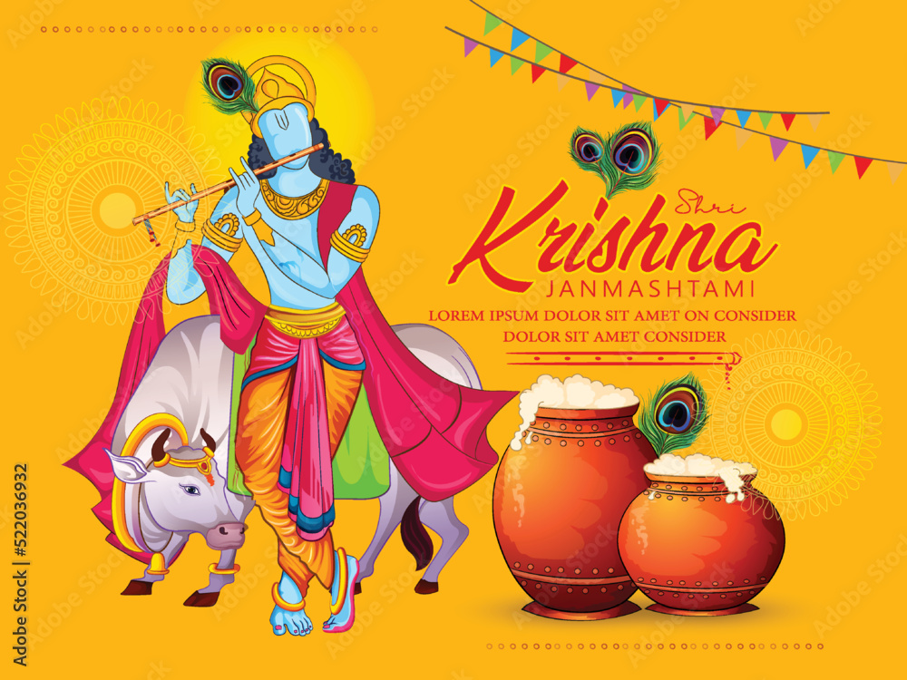 Janmashtami, Gokulashtami, illustration of Lord Krishna hand playing