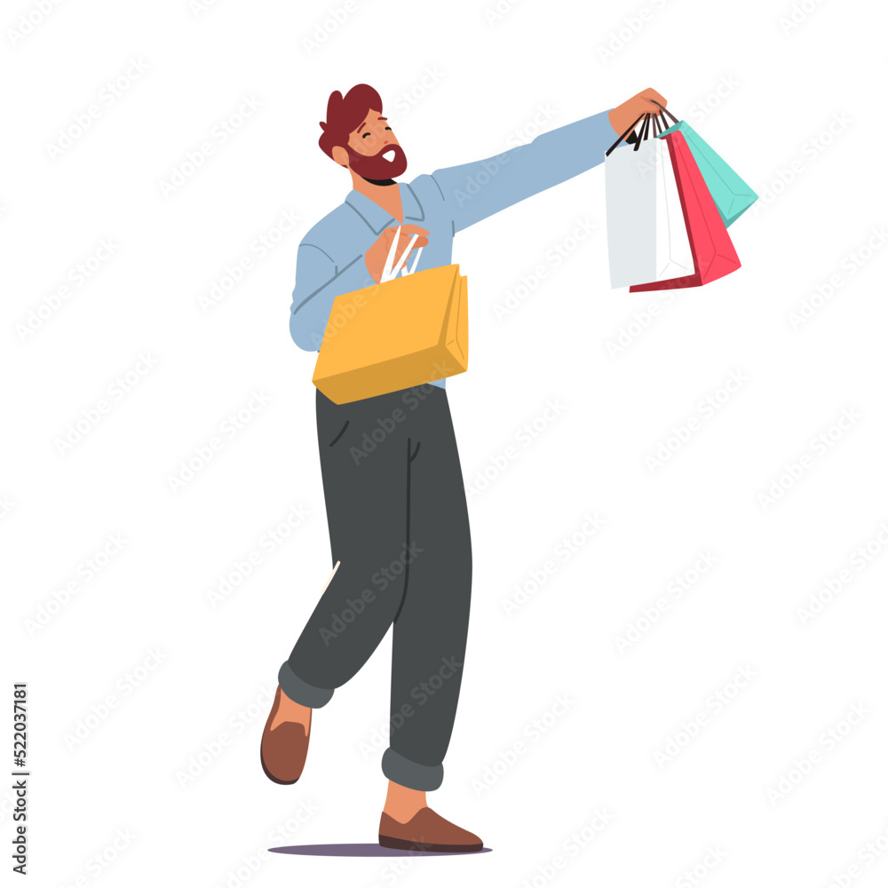 Shopaholic with Purchases in Paper Packs. Young Caucasian Man Holding Colorful Shopping Bags. Male Character Having Fun Shopaholic with Purchases in Paper Packs. Young Caucasian Man Holding Colorful Shopping Bags. Male Character Having Fun
