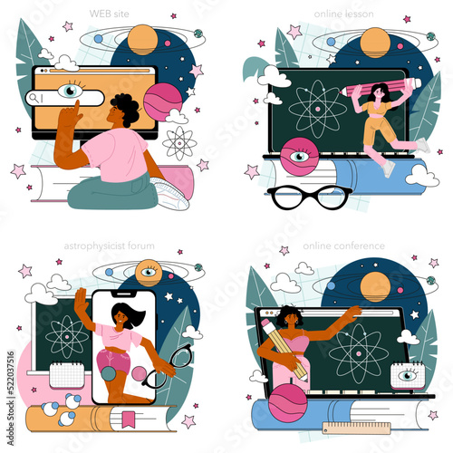 Astrophysicist online service or platform set. Scientist studying