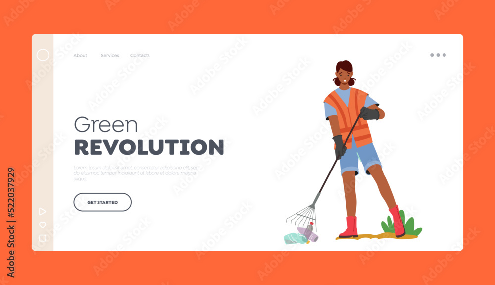 Green Revolution Landing Page Template. Volunteer Female Character Cleaning Garbage on Beach. Woman Collecting Trash