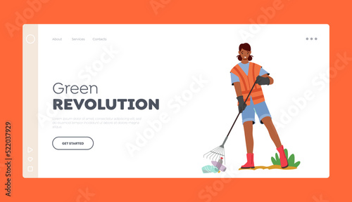 Green Revolution Landing Page Template. Volunteer Female Character Cleaning Garbage on Beach. Woman Collecting Trash
