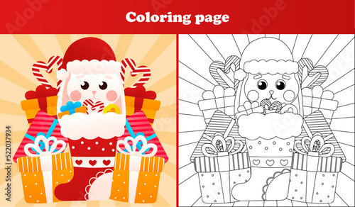 Cute bunny sitting in christmas stocking with gift boxes coloring page for christmas themed children activity book, printable worksheet for kids
