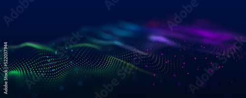 Abstract digital data background. Wave with moving dots. Musical stream of sounds. 3D rendering.