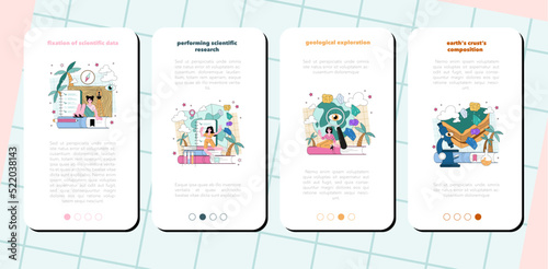 Geochemist mobile application banner set. Scientist study structure