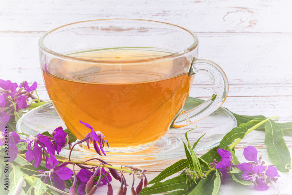 Still life of Ivan-tea hot drink or fireweed herbal tea in glass cup with fresh purple fireweed flowers on white wooden table. Herbal medicine concept. Still life of Ivan-tea hot drink or fireweed herbal tea in glass cup with fresh purple fireweed flowers on white wooden table. Herbal medicine concept.