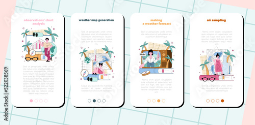 Meteorologist mobile application banner set. Weather forecaster studying
