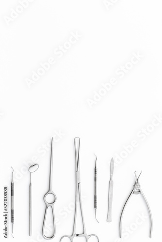 Medical steel equipment tools for surgery or dentistry. Healthcare background