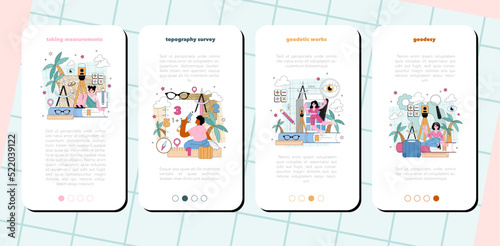 Surveyor mobile application banner set. Land surveying technology