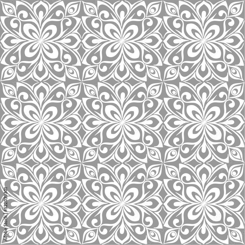 seamless graphic pattern, floral white ornament tile on gray background, texture, design