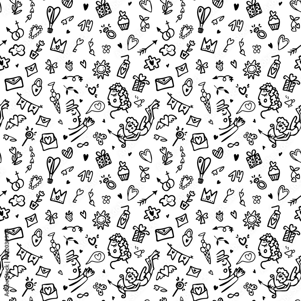Vector love background. Valentine's day seamless pattern. Doodle illustration of hearts, letters, cups, gists