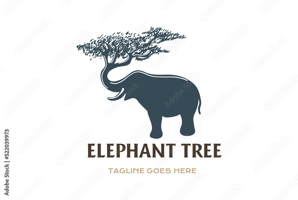 Elephant Silhouette with Trunk Tree Forest for Savanna Conservation Zoo Logo Design