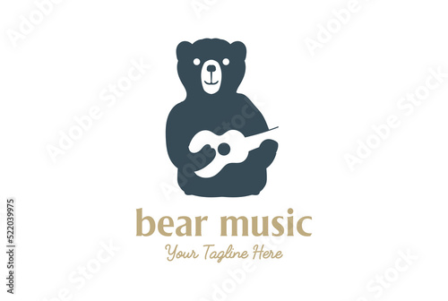 Cute Funny Bear Cartoon with Guitar for Music Instrument Logo Design
